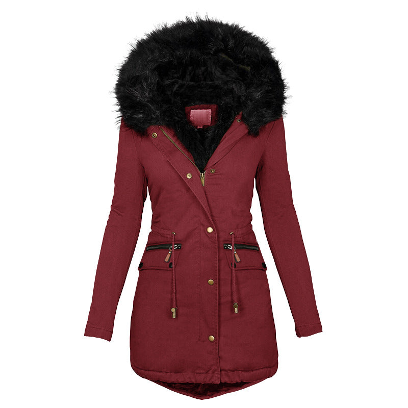 Women's Solid Colorfur Collar Hooded Mid-length Warm Cotton Coat Image