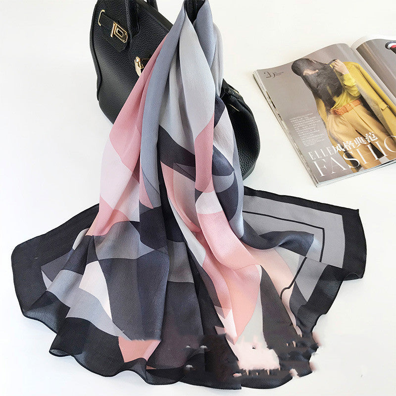 Silk Scarves Spring And Autumn European And American Style Geometric Pattern Long Silk Scarf Shawl Dual-Use Image