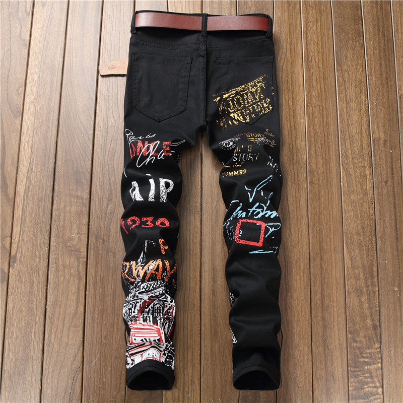 Jeans Slim Graffiti Print Plus Size Trousers Men Image