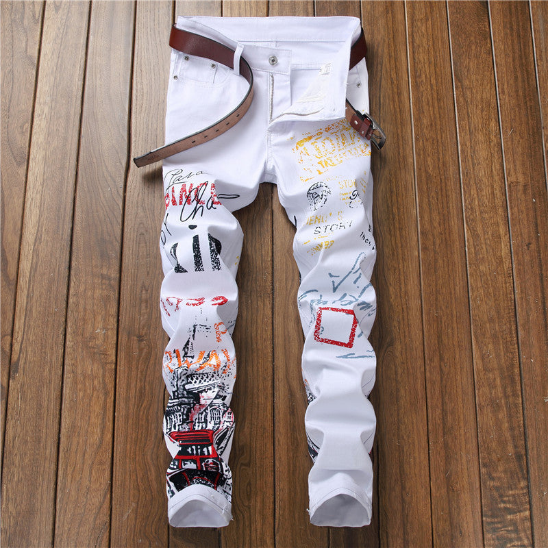 Jeans Slim Graffiti Print Plus Size Trousers Men Image