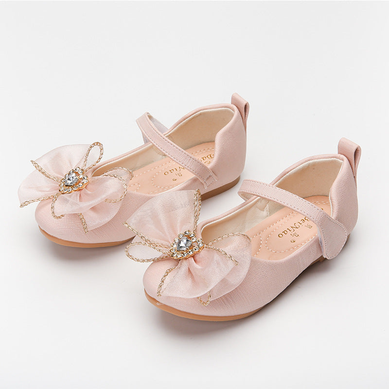 Spring New Girls' Single Shoes Cute Bow Rhinestone Soft Sole Flat Shoes Image