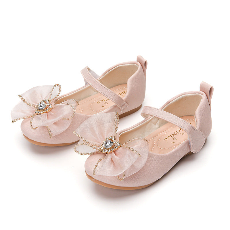 Spring New Girls' Single Shoes Cute Bow Rhinestone Soft Sole Flat Shoes Image