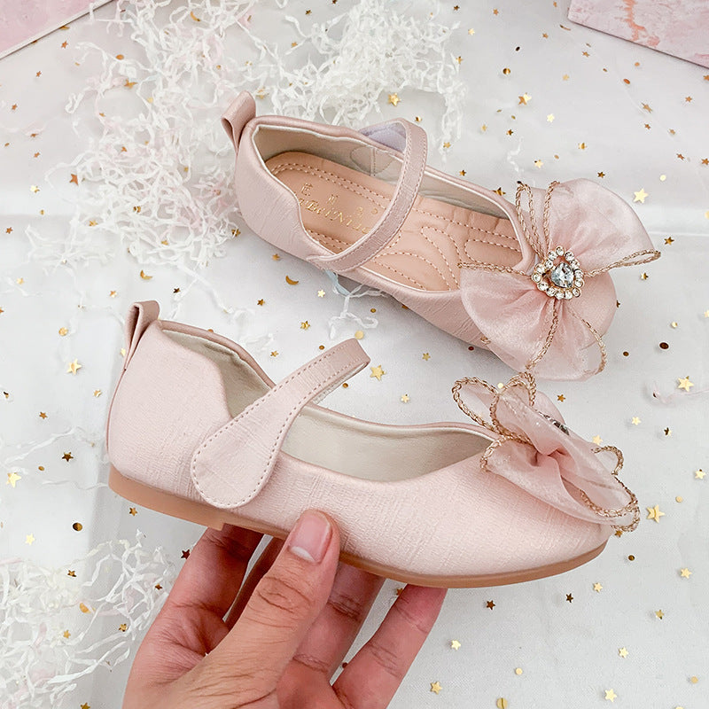 Spring New Girls' Single Shoes Cute Bow Rhinestone Soft Sole Flat Shoes Image