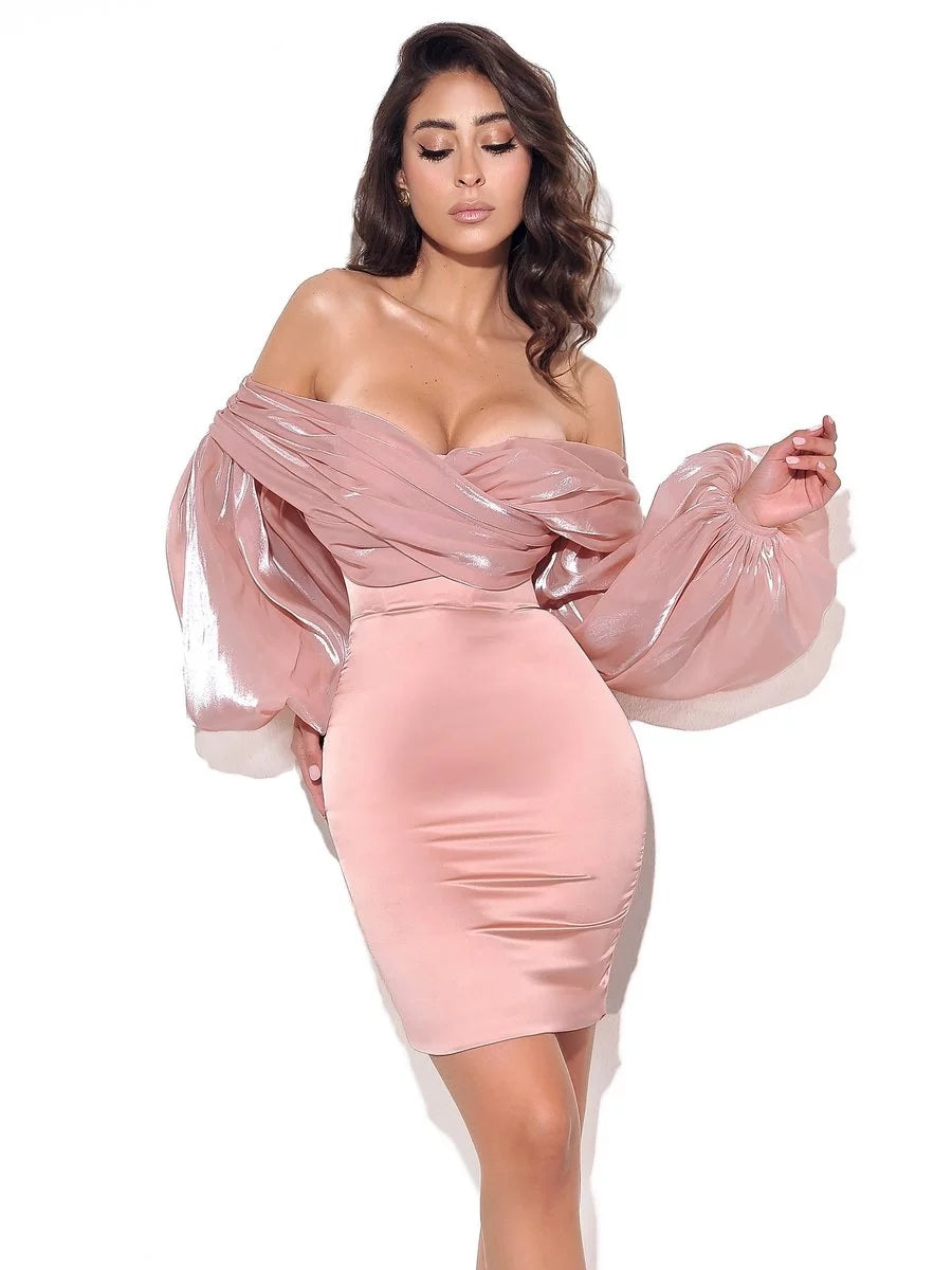 Lantern Sleeve One-Shoulder Slim-Fit Waist Tube Top Dress Female Design Sense Long-Sleeved Sweet Temperament Off-Shoulder Short Skirt Image