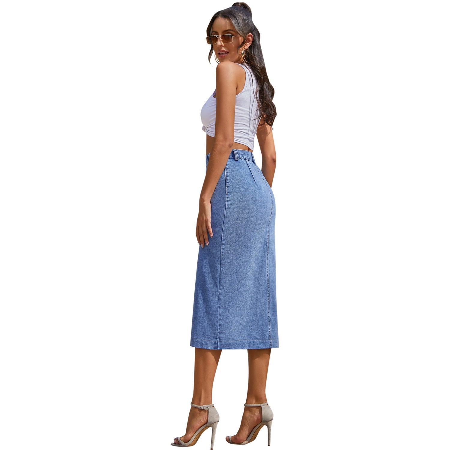 Button Irregular Slit denim High Waist Skirt Image