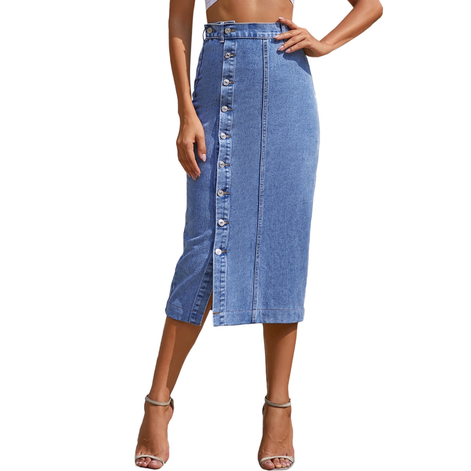 Button Irregular Slit denim High Waist Skirt Image