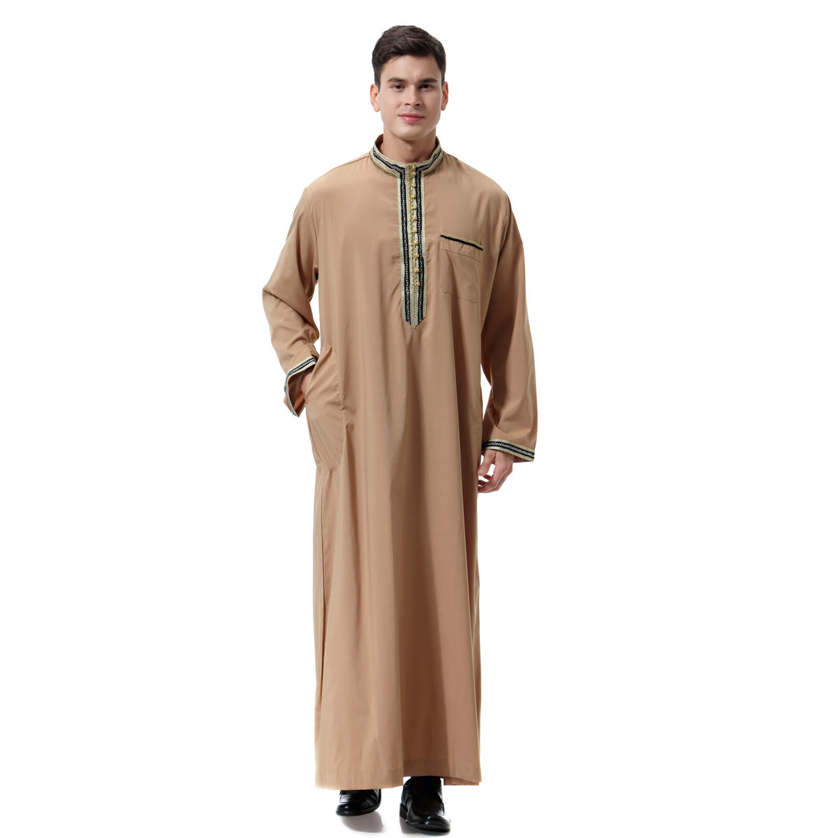 Muslim Arab Middle East Men's Applique Stand Collar Robe, TH810 Image