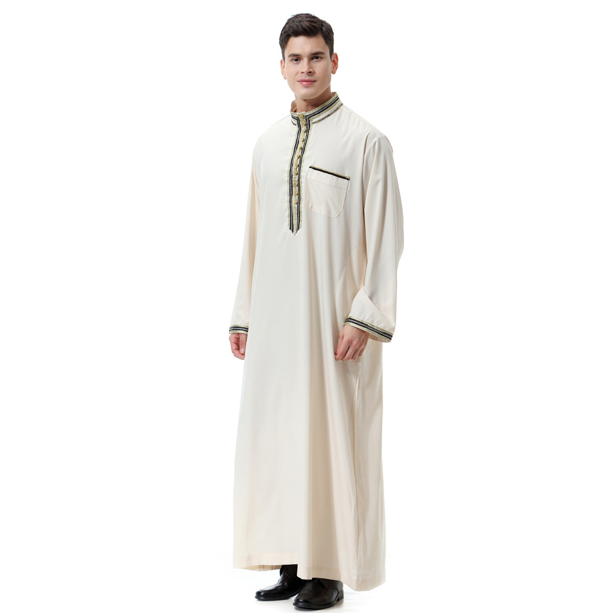 Muslim Arab Middle East Men's Applique Stand Collar Robe, TH810 Image