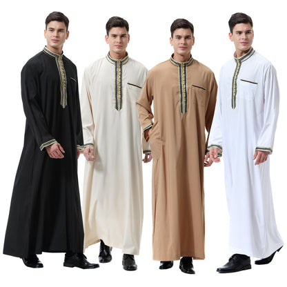 Muslim Arab Middle East Men's Applique Stand Collar Robe, TH810