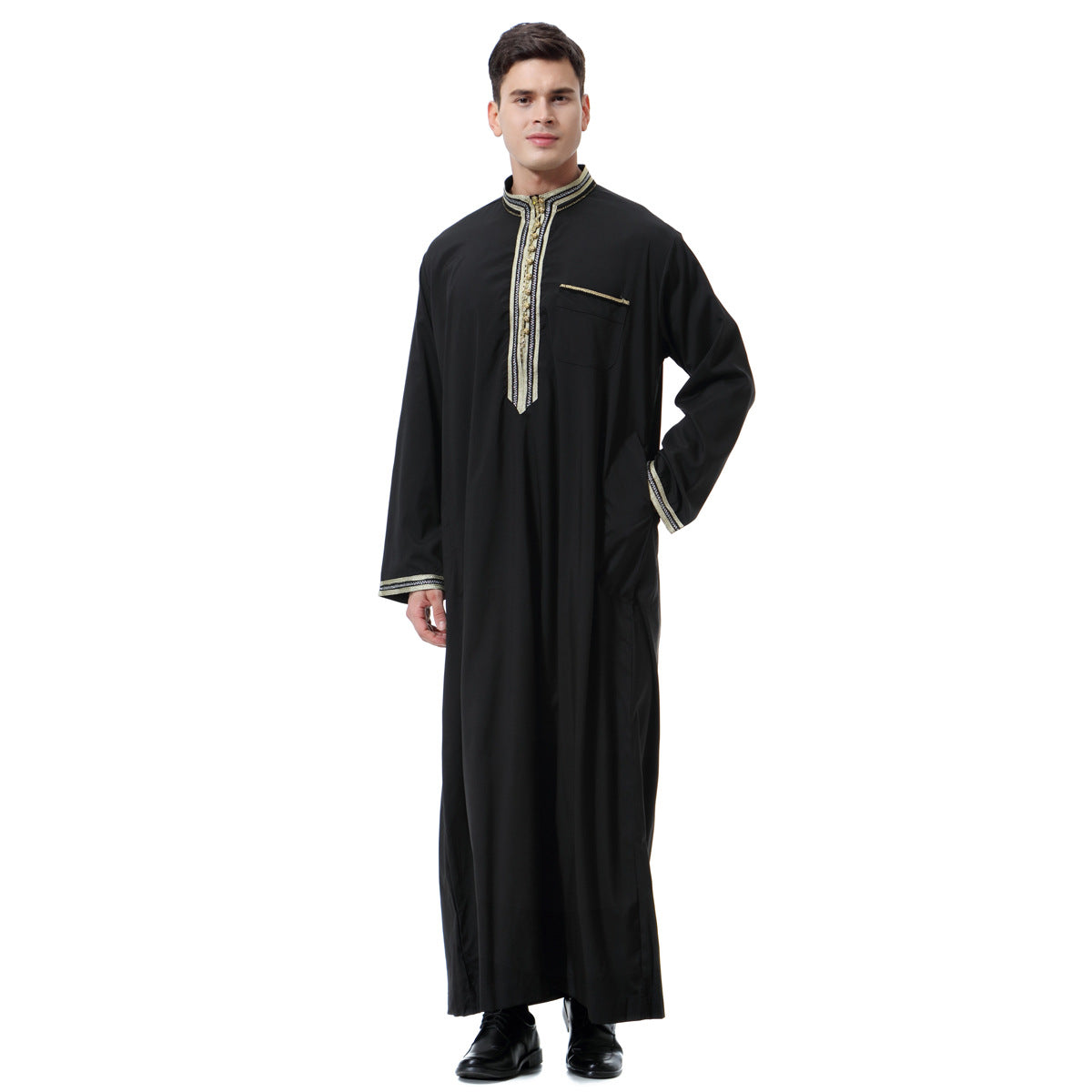 Muslim Arab Middle East Men's Applique Stand Collar Robe, TH810 Image