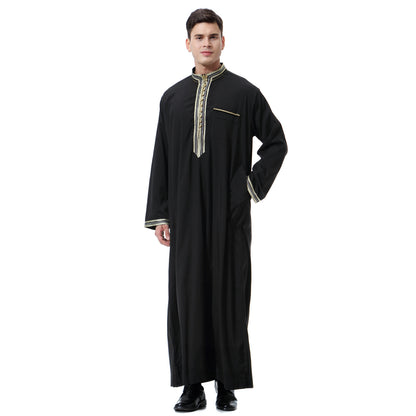 Muslim Arab Middle East Men's Applique Stand Collar Robe, TH810