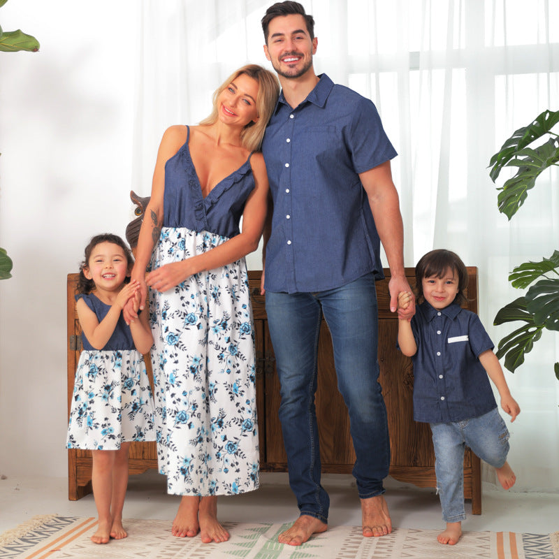 Family Matching Family Denim Sling Skirt Baby Girl Mom Dad Boy Boy Shirt Parent-Child Image