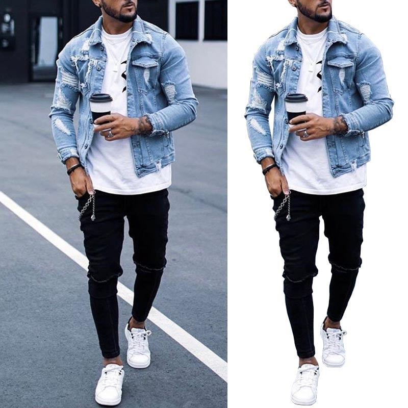 Lapel Men's Denim Jacket Ripped Irregular Washed Jacket Image