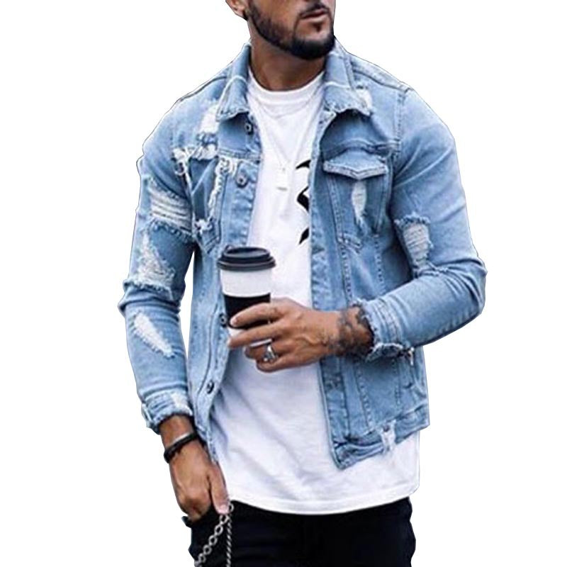 Lapel Men's Denim Jacket Ripped Irregular Washed Jacket Image