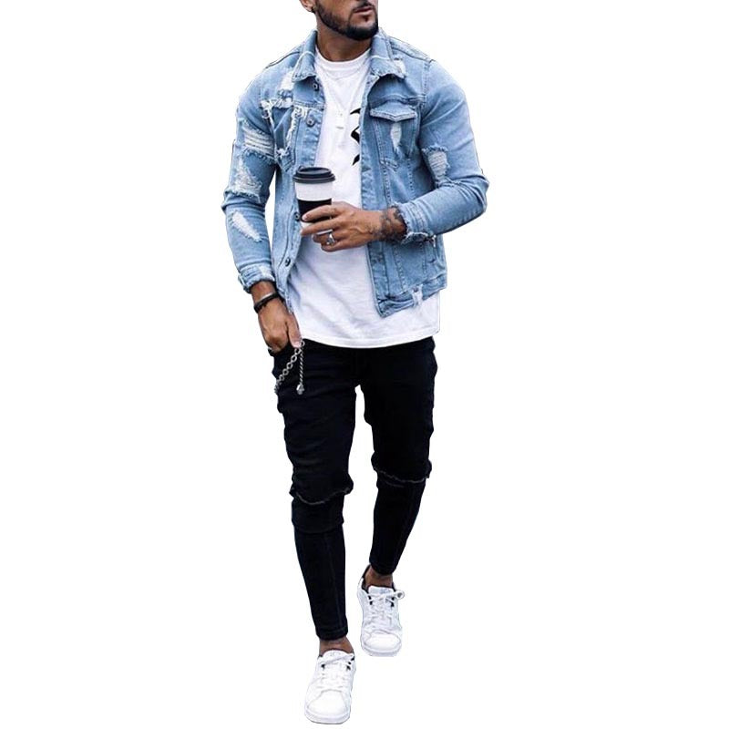 Lapel Men's Denim Jacket Ripped Irregular Washed Jacket