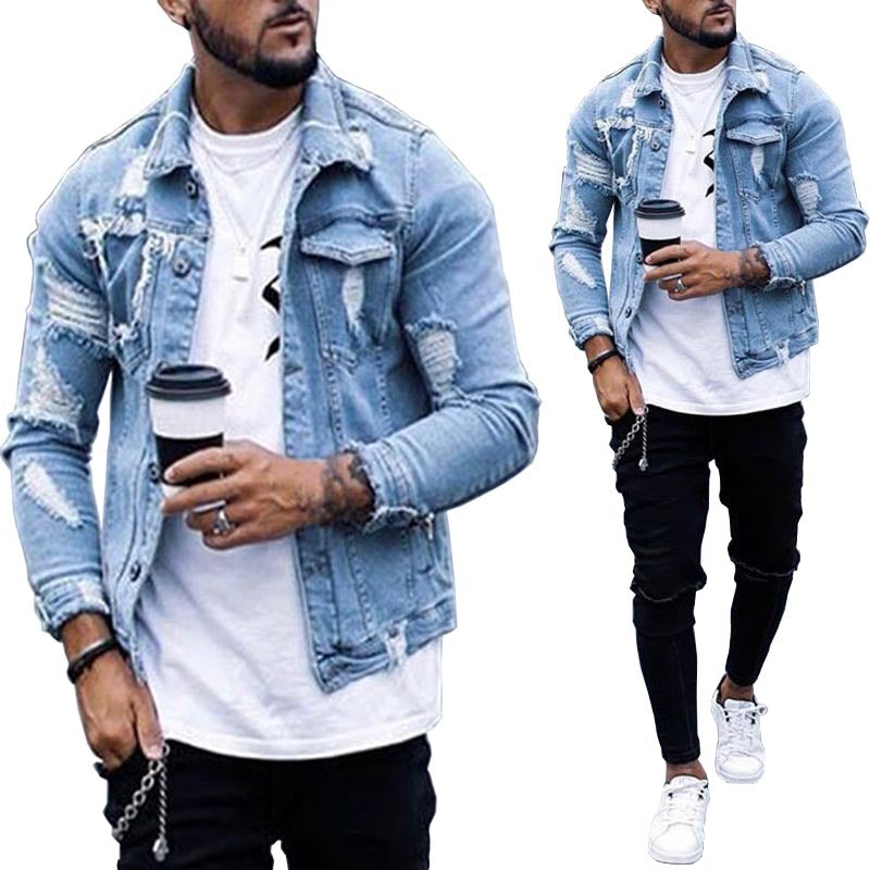 Lapel Men's Denim Jacket Ripped Irregular Washed Jacket Image