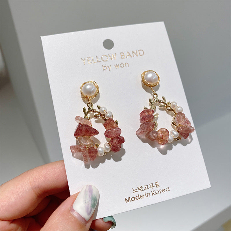 Pearl Earrings Temperament Super Fairy Crystal Net Red Earrings Design Leaf Earrings Image