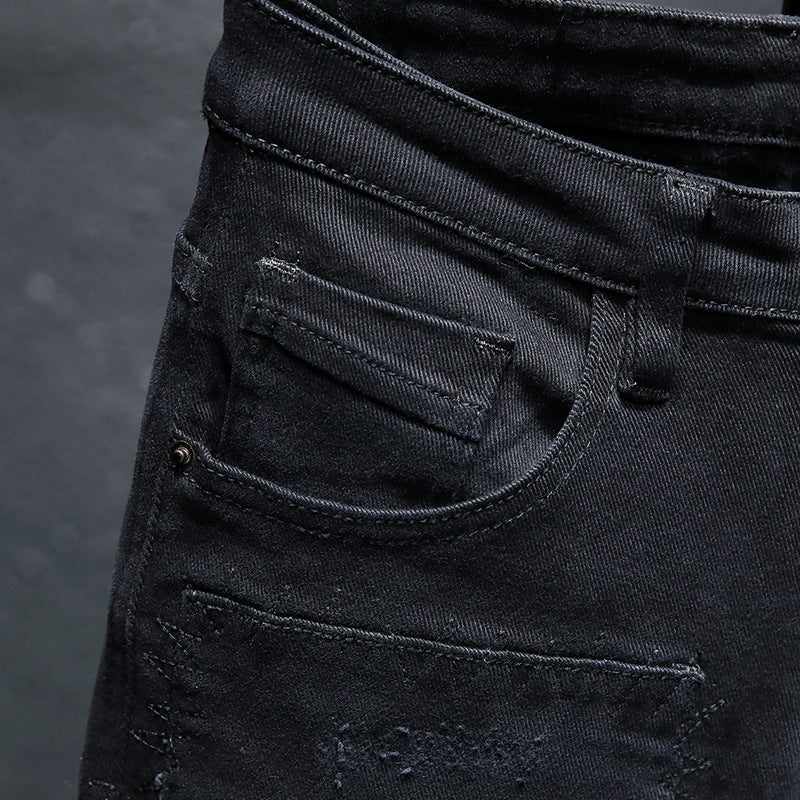 Spring And Summer New Jeans Pure Black Ripped Stretch Jeans Men Black Jeans Men Image