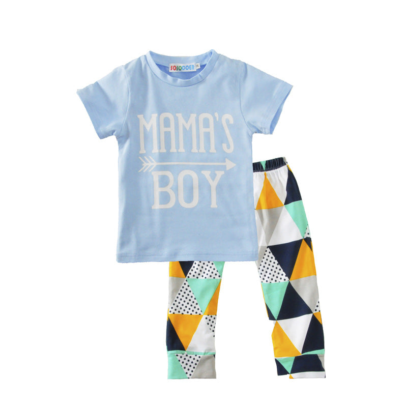 Children's Clothing Boy Suit Short-Sleeved T-Shirt Blue Letter Arrow Geometric Pants Baby Two-Piece Suit Image