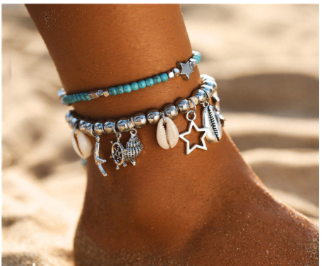 Europe and America Conch Mizhu Yoga Anklet Turtle Bracelet Beach Pendant Starfish Pearl Retro Turtle Anklet Image