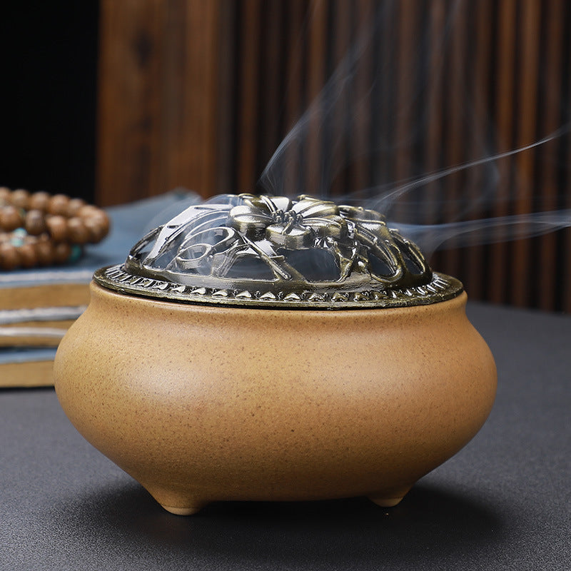 Copper Lid Ceramic Incense Burner Buddha with Antique Alloy Wire Incense Burner Image