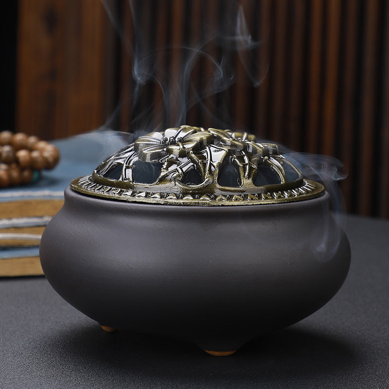 Copper Lid Ceramic Incense Burner Buddha with Antique Alloy Wire Incense Burner Image