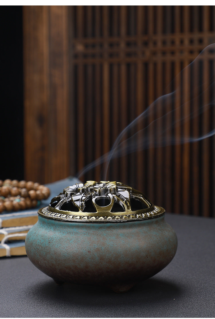 Copper Lid Ceramic Incense Burner Buddha with Antique Alloy Wire Incense Burner Image