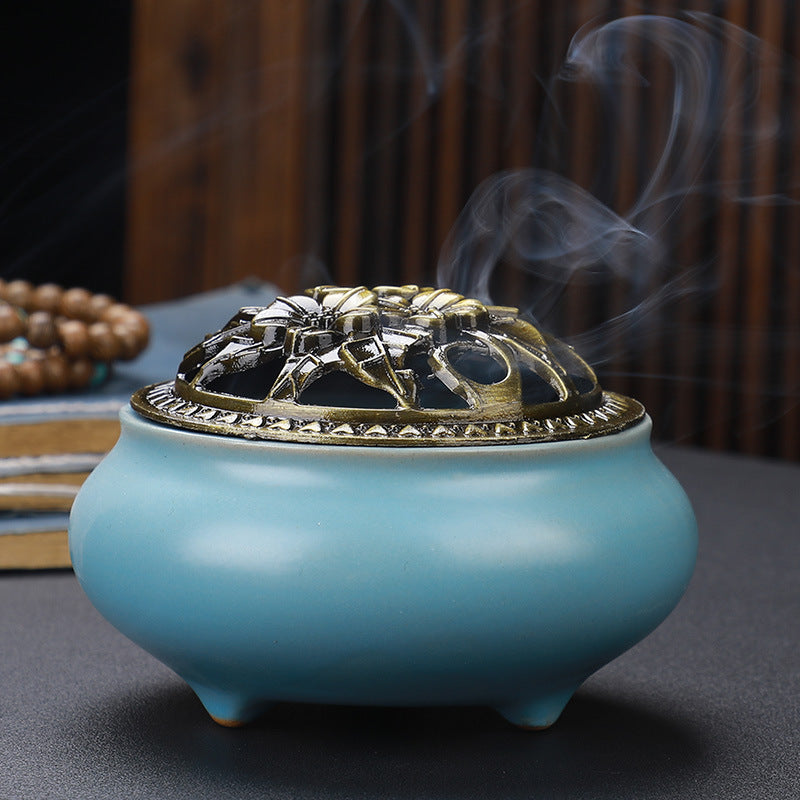 Copper Lid Ceramic Incense Burner Buddha with Antique Alloy Wire Incense Burner Image