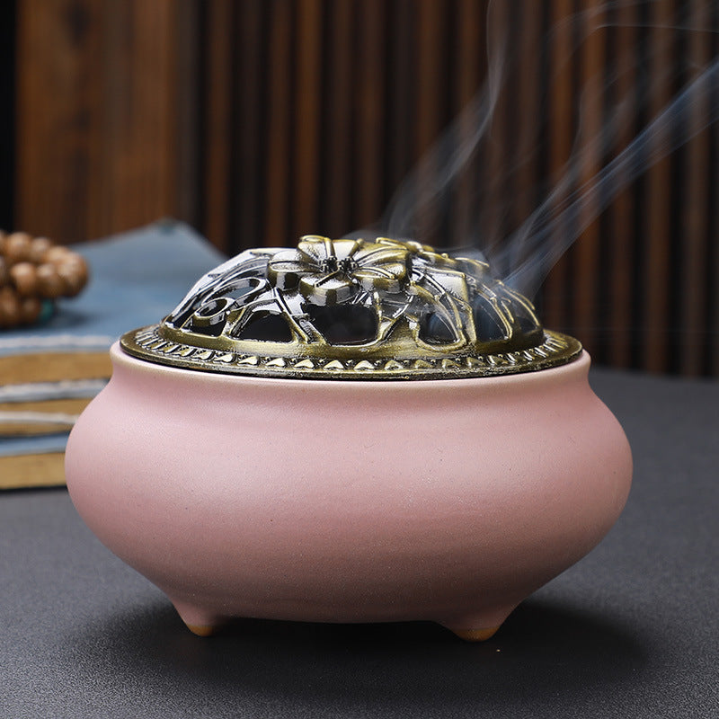 Copper Lid Ceramic Incense Burner Buddha with Antique Alloy Wire Incense Burner Image