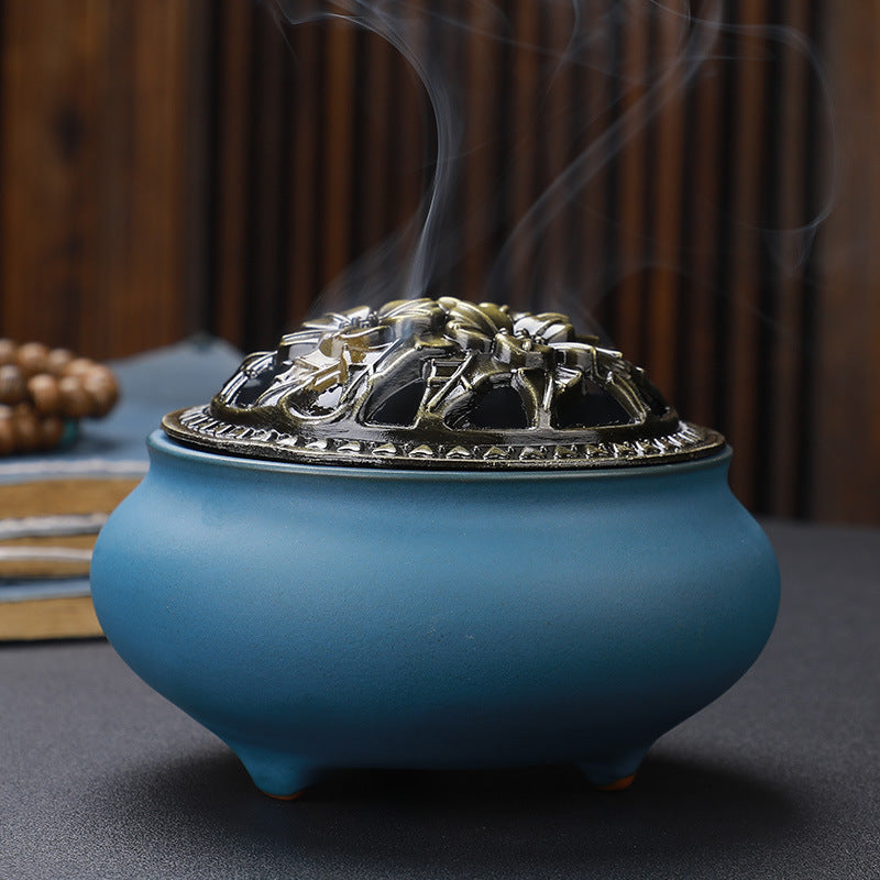 Copper Lid Ceramic Incense Burner Buddha with Antique Alloy Wire Incense Burner Image