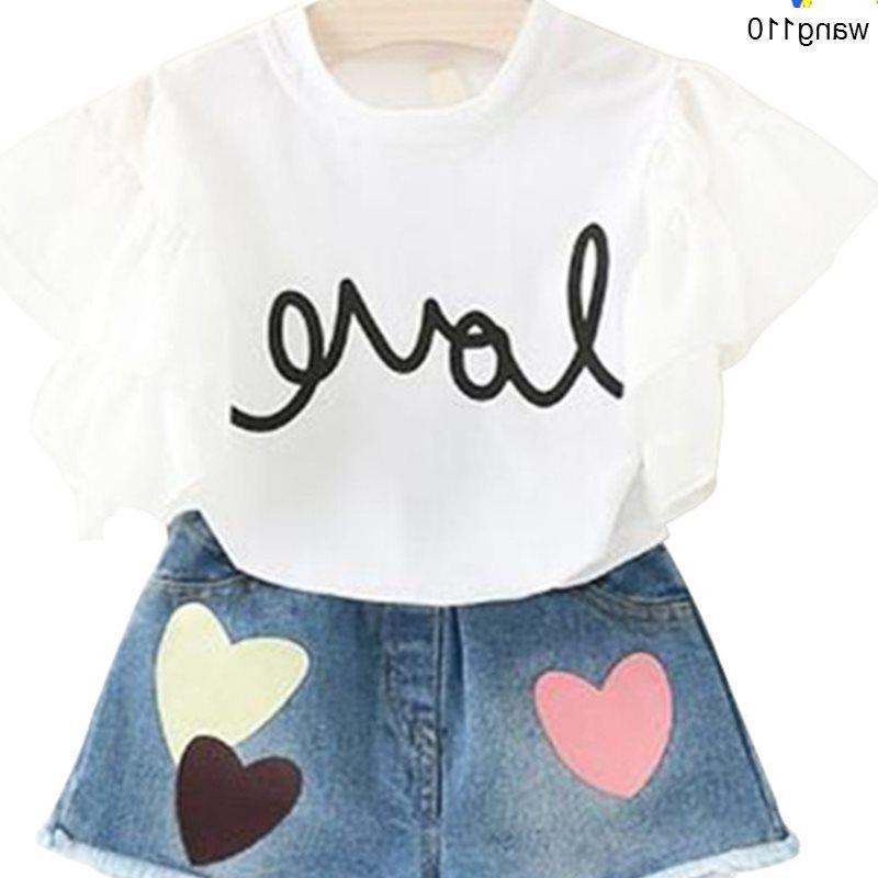 Summer Kids Girls Clothing Sets 2 pcs T-shirt Hole Pants Set Image