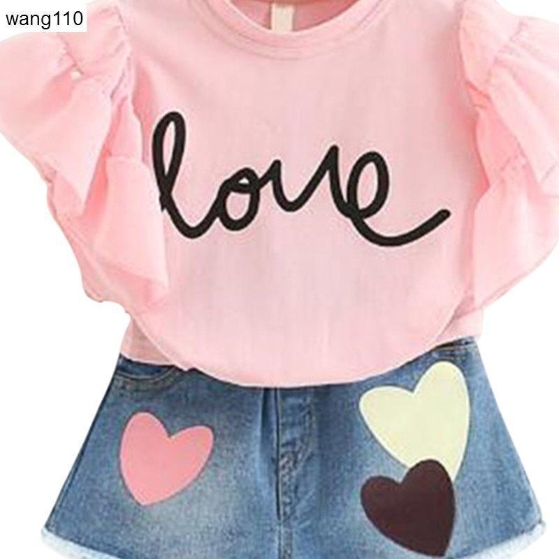 Summer Kids Girls Clothing Sets 2 pcs T-shirt Hole Pants Set Image