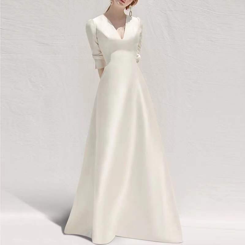 Ladies Style White Dress Satin Surface Was Thin And High French Temperament Dress Long Skirt Image