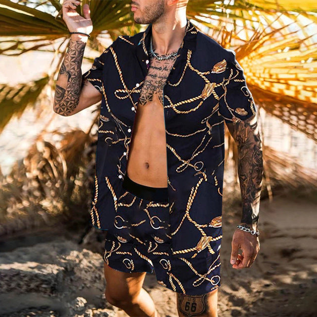 Floral Shirt Beach Two Piece Suit New Fashion Men Sets Image