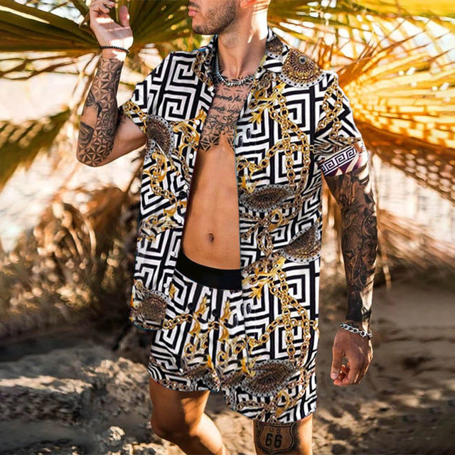 Floral Shirt Beach Two Piece Suit New Fashion Men Sets Image