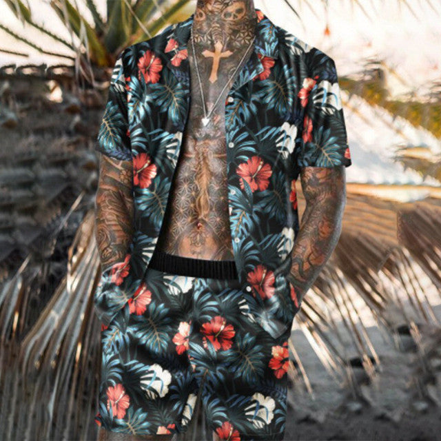 Floral Shirt Beach Two Piece Suit New Fashion Men Sets Image