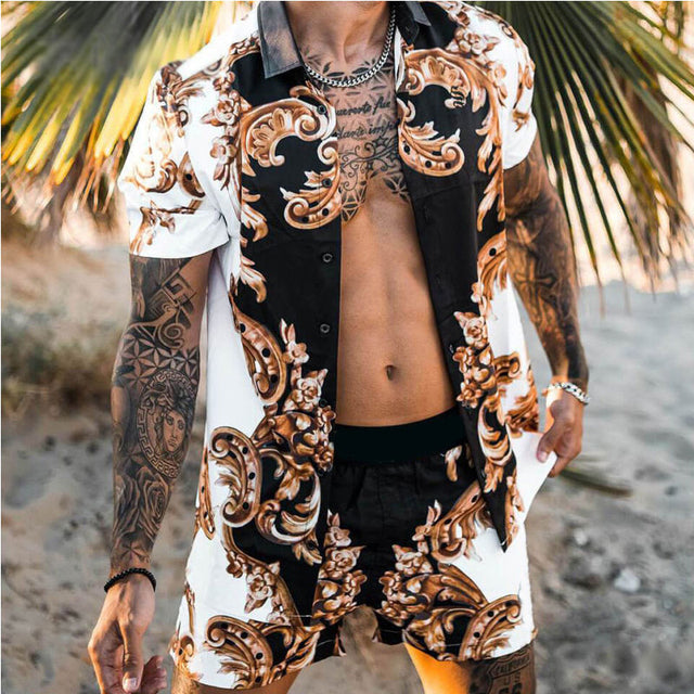 Floral Shirt Beach Two Piece Suit New Fashion Men Sets Image