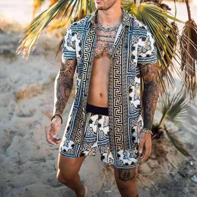 Floral Shirt Beach Two Piece Suit New Fashion Men Sets Image