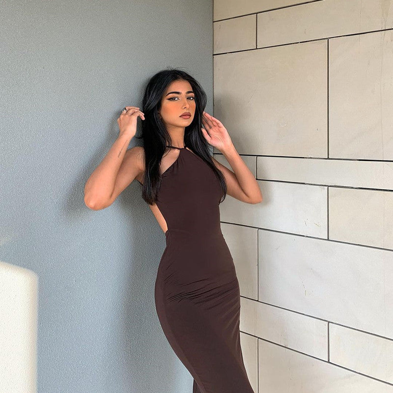 Solid Color Halter Sleeveless Halterneck Dress Long Dress Image