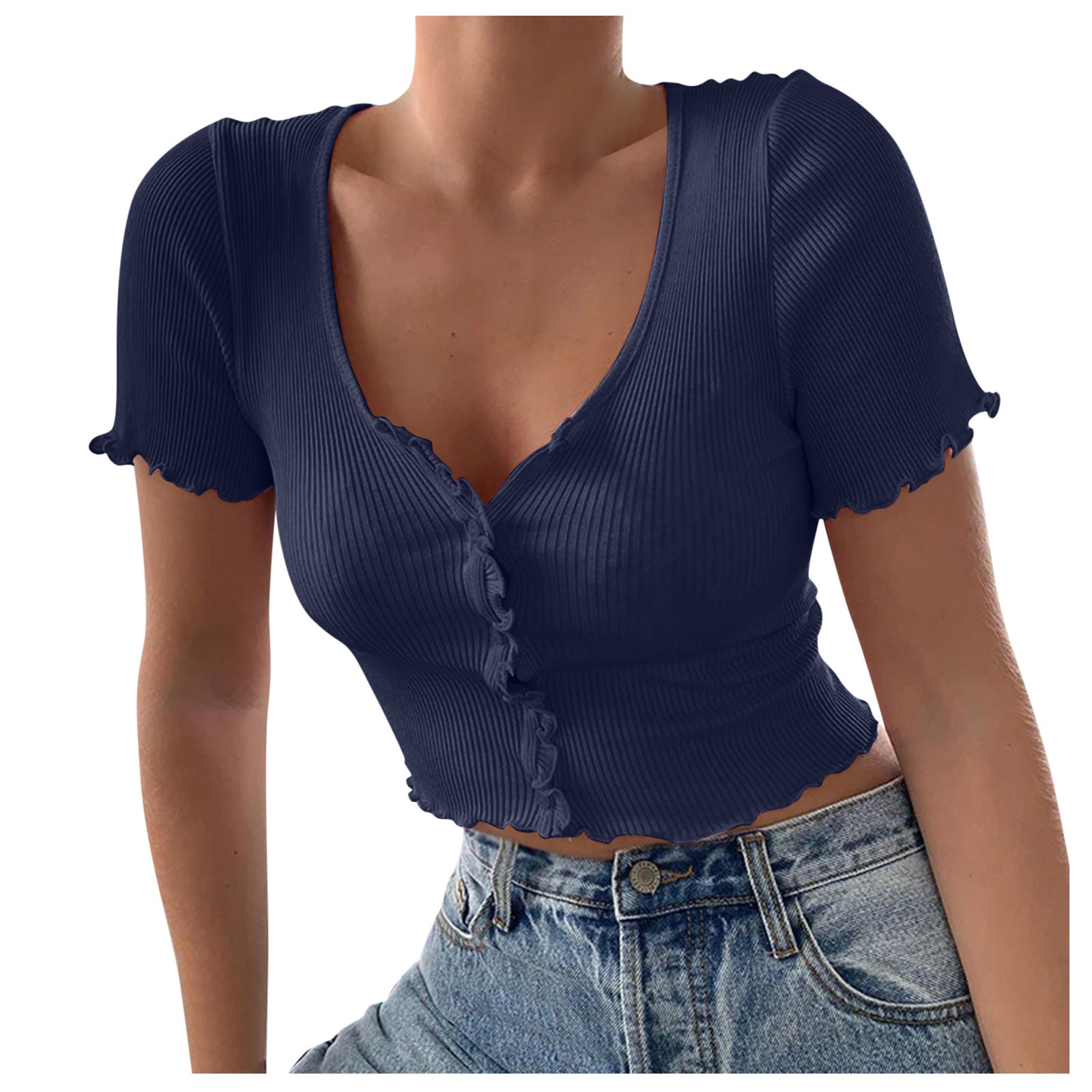 V Neck Ruffles Short Sleeve T Shirt Women Summer Casual Button Crop Top Basic Blue T Shirt Tops Image