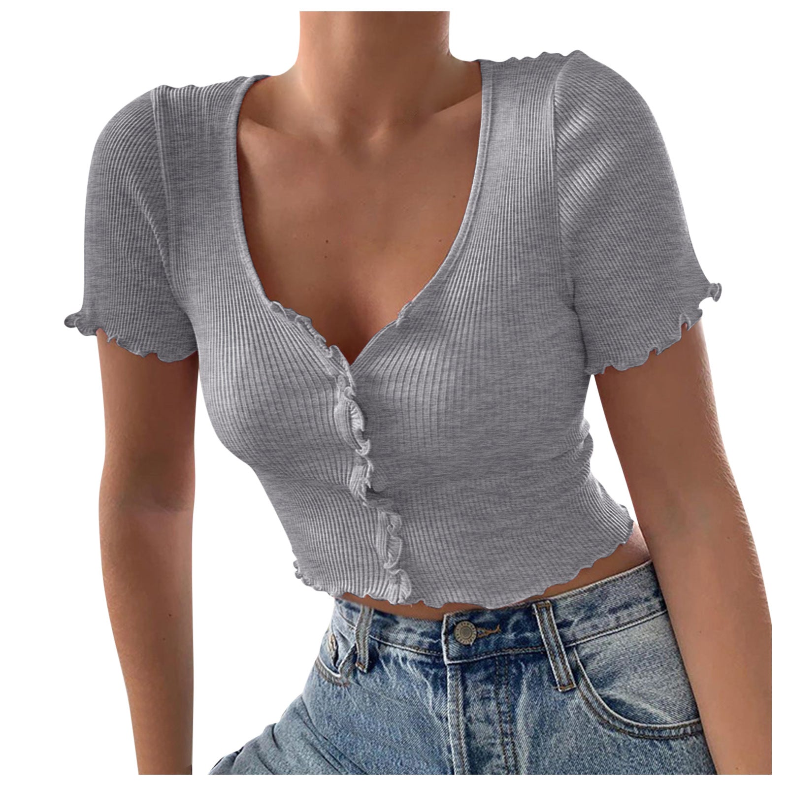 V Neck Ruffles Short Sleeve T Shirt Women Summer Casual Button Crop Top Basic Blue T Shirt Tops Image