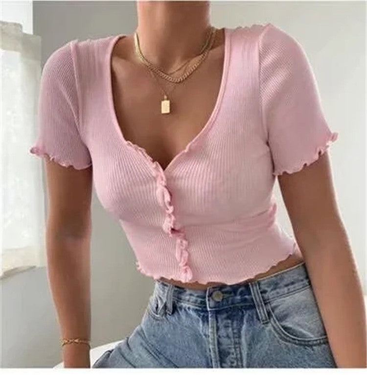 V Neck Ruffles Short Sleeve T Shirt Women Summer Casual Button Crop Top Basic Blue T Shirt Tops Image