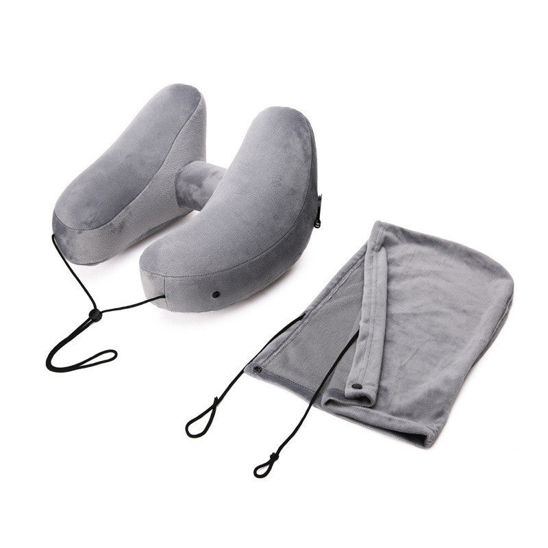 Hooded Travel Pillow H Shaped Inflatable Neck Pillow Folding Lightweight Nap Car Seat Office Airplane Sleeping Cushion Pillows Image