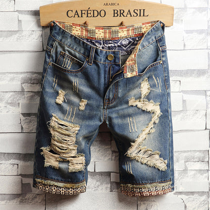 Trend big hole jeans short pants men\'s summer Capris jeans pants pants beggars pants men\'s Korean slim