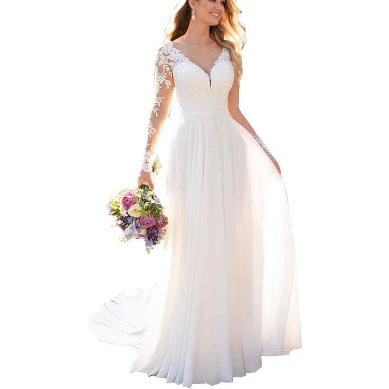 Sexy Backless Deep V-neck Wedding Dress Women White Evening Dress Image