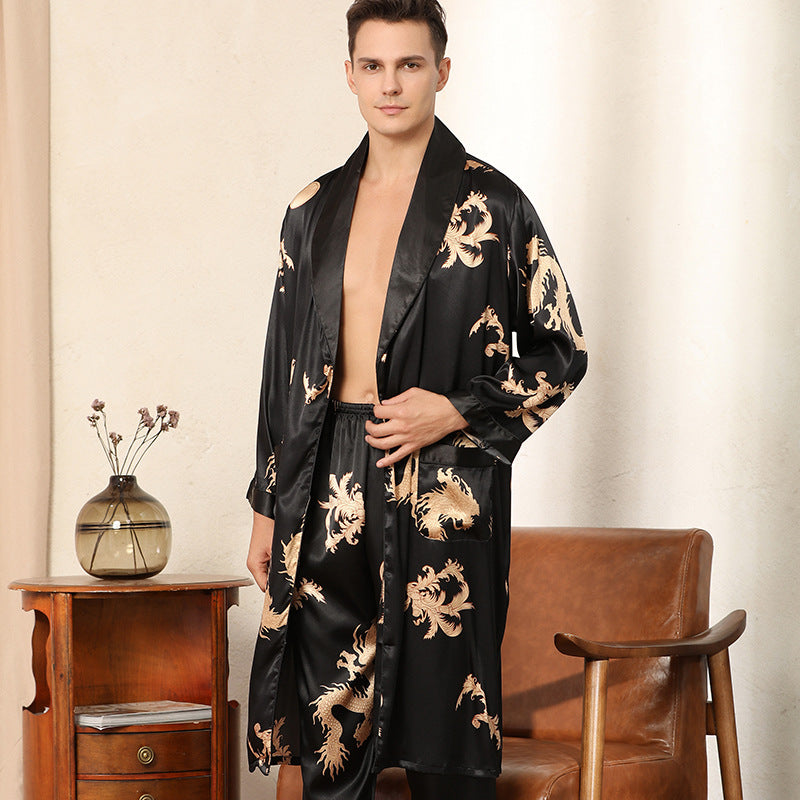 Luxury Silk Robe Pants Pajama Set Two-piece Imitate Silk Long-sleeved Pajamas Large Size Bathrobes Robe Sets For Men Clothing Image