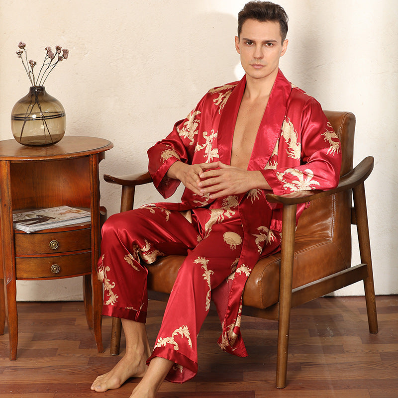 Luxury Silk Robe Pants Pajama Set Two-piece Imitate Silk Long-sleeved Pajamas Large Size Bathrobes Robe Sets For Men Clothing Image