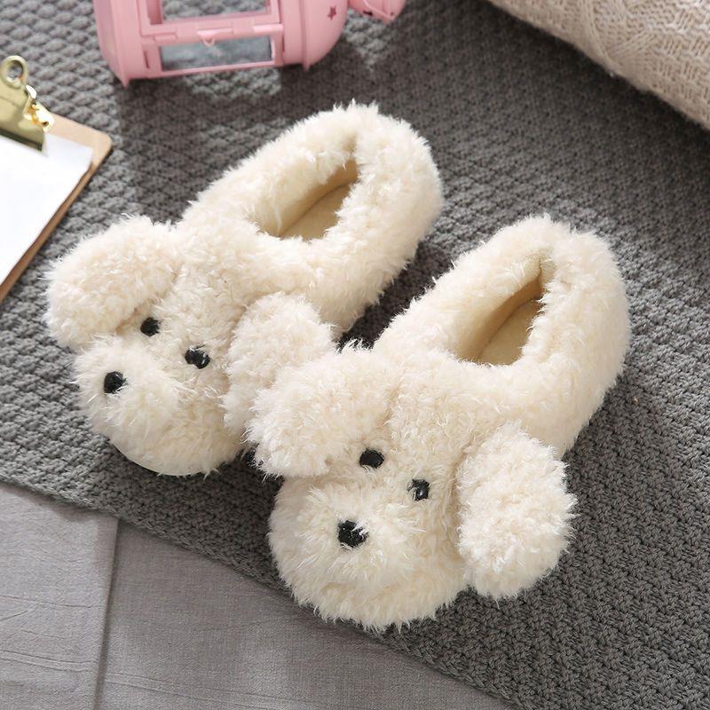 Comwarm Cute Dog Short Plush Slippers For Women 2023 Winter Warm Furry Cotton Shoes Couples Home Indoor Bedroom Cozy Slippers Image