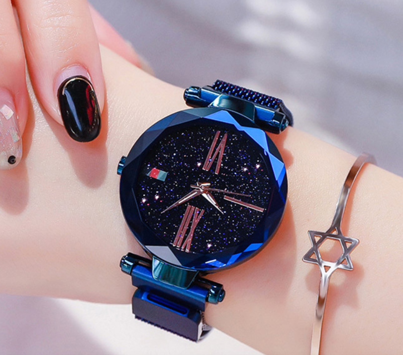 Luxury Women Watches Mesh Ladies Clock Magnet Buckle Starry Diamond Geometric Surface Quartz Wristwatch Image