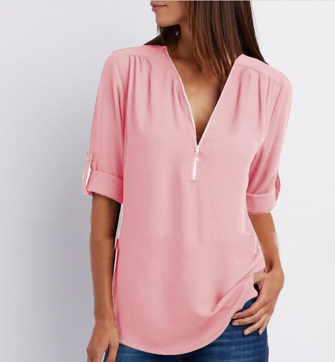 Zip V-neck Shirts Women Short Sleeve Loose Tops Image